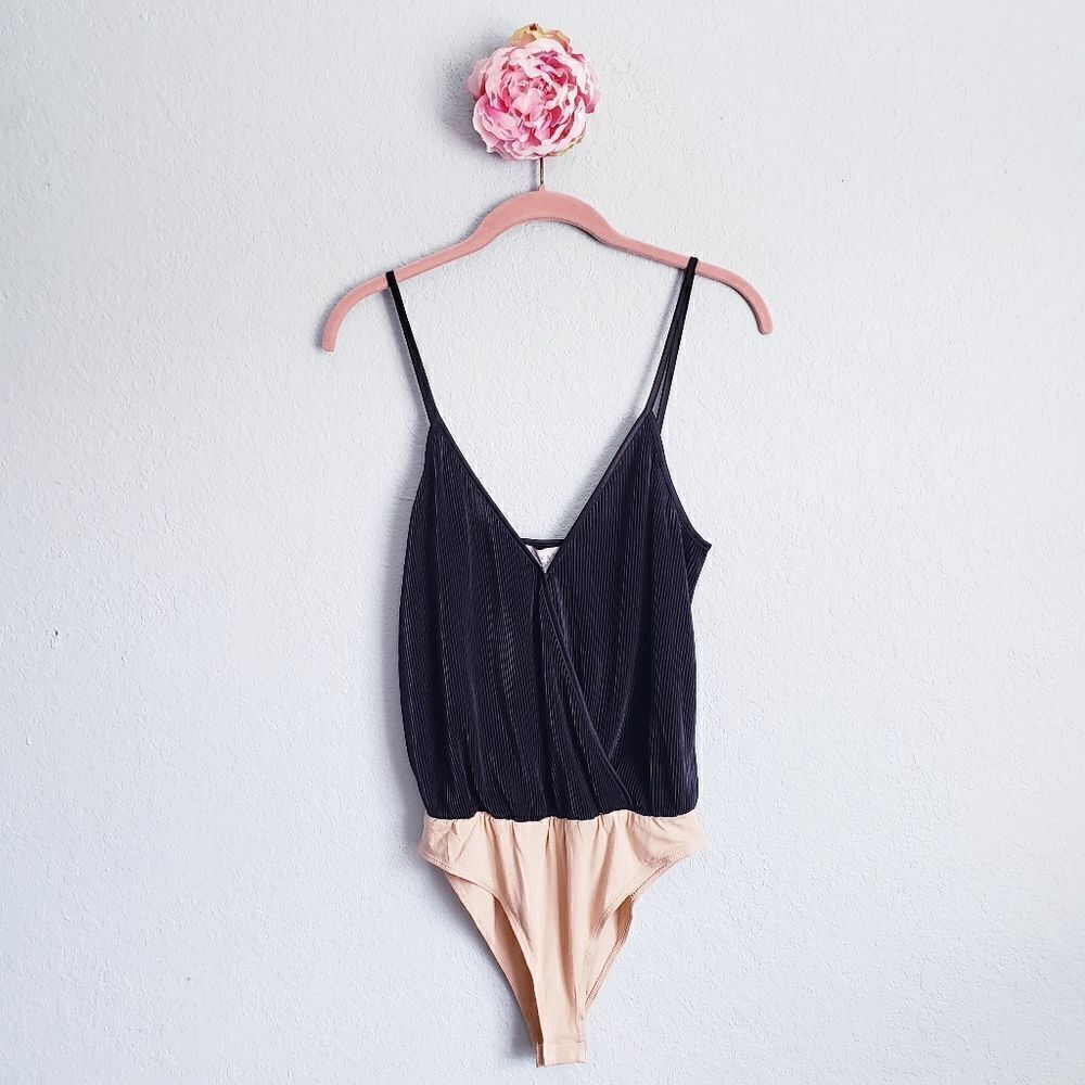 WAYF Surplice Ribbed Cami Black Bodysuit